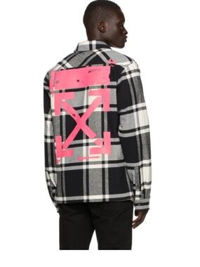 Off-White SSENSE Exclusive White Black Pink Plaid Logo Stencil Button Up Shirt